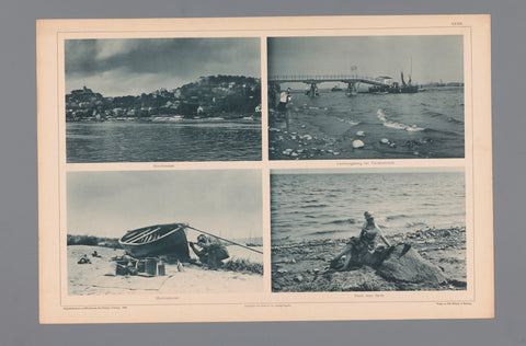 Four images of a view of Blankenese, a pier at Teufelsbrück, a man painting a rowboat and a woman on the bank of a river, Wilhelm Dreesen, 1894 Canvas Print