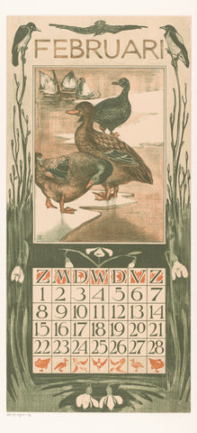 Calendar sheet February with ducks, Theo van Hoytema, 1902 Canvas Print