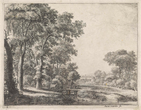 Forest edge with a wooden bridge, Anthonie Waterloo, 1630 - 1765 Canvas Print