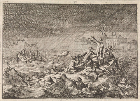 On the Weichsel near Warsaw, two ships with clergymen and pilgrims are shipwrecked in a whirlwind, 1683, Caspar Luyken, 1698 Canvas Print