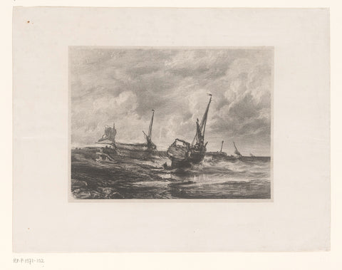 Boats on the beach at low tide, Eugène Isabey (attributed to), in or after 1831 Canvas Print