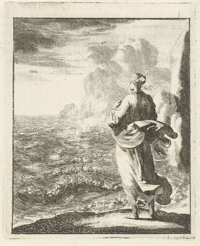 Woman looks out over the sea from the shore, Jan Luyken, 1687 Canvas Print