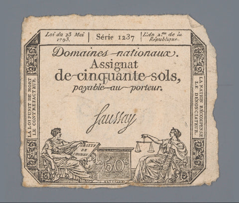 Assignat of fifty sols, series 1237 issued May 23, 1793, Nicolas Marie Gatteaux, 1793 Canvas Print