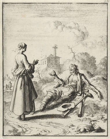 Woman speaks to a beggar awakening from sleep, Jan Luyken, 1687 Canvas Print