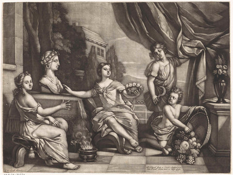 Personifications of the four seasons on a terrace by a bust, Pieter Schenk (I), 1670 - 1713 Canvas Print