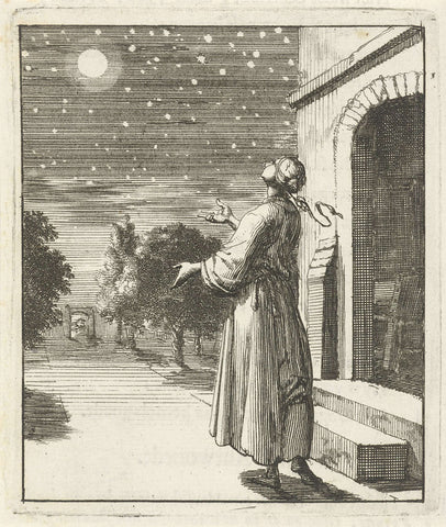 Woman beholds the moon and stars, Jan Luyken, 1687 Canvas Print