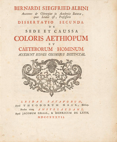 Title page and two pages of Bernhard Siegfried Albinus' 'Dissertatio secunda de sede et caussa Coloris Aethiopum', 1737, anonymous, 1737 Canvas Print