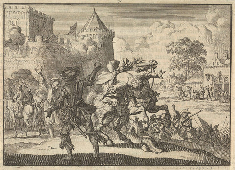 Imperial commander Dampier falls off his horse after a shot from the walls of Presburg (Bratislava), 1620, Jan Luyken, 1698 Canvas Print