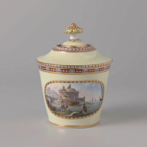 Sugar bowl with lid, multicolored painted with harbor views, Meissener Porzellan Manufaktur, 1804 Canvas Print