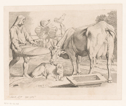 Man with basket at a cow and her calf, Claude Mellan, 1608 - 1688 Canvas Print