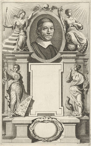 Portrait of Johannes de Mey, flanked by Philosophy and Theology, Jan Luyken, 1681 Canvas Print