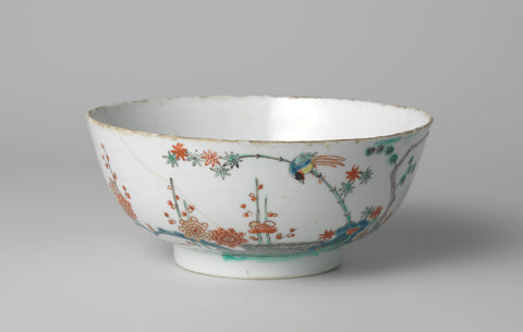 Bowl with a bird and the 'three friends' near rocks, anonymous, c. 1700 - c. 1724 Canvas Print