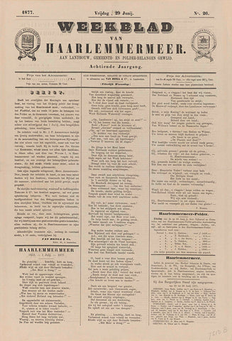 Weekly of Haarlemmermeer. Dedicated to agriculture, municipal and polder interests. 1877. Friday, June 29. No. 26, Van Bonga & Co., 1877 Canvas Print