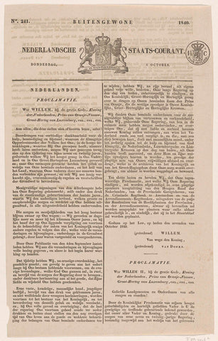 Extraordinary Nederlandsche Staats-Courant. Thursday, October 8. No. 241. 1840, Algemeene Landsdrukkerij, 1840 Canvas Print