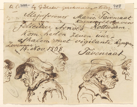 Note with heads, Johannes Tavenraat, 1868 Canvas Print