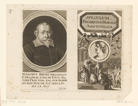 Portrait of Jacob Bruno and title page with meeting room, Jakob von Sandrart, 1665 Canvas Print