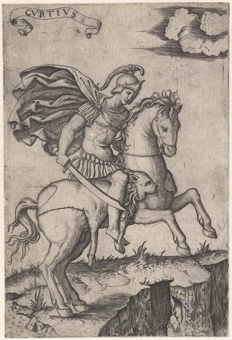 Romeinse soldaat Marcus Curtius in wapenrusting te paard stort zich in kloof, Marcantonio Raimondi, 1500 - 1527 Canvas Print