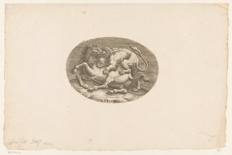 Horse attacked by a lion, Adamo Scultori, c. 1540 - c. 1585 Canvas Print