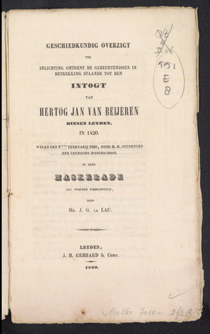 Historical overview to inform about (...) den intogt of Hertog Jan van Beijeren within Leijden in 1420, J.H. Gebhard & Co, 1839 Canvas Print