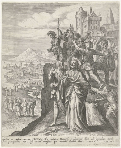 Inhabitants of Nazareth drive Christ out of the city, Johann Sadeler (I), 1581 Canvas Print