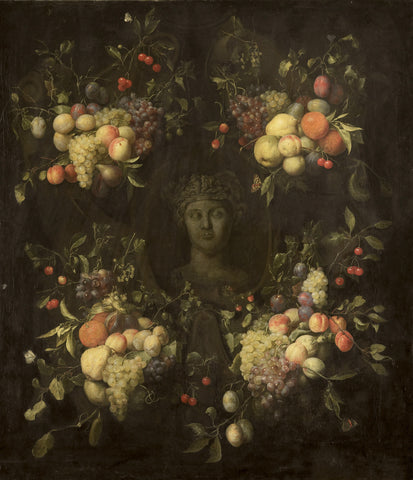 Simulated Sculpted Head of a Woman in a Cartouche Decorated with Swags of Fruit, Joris van Son, 1655 - 1665 Canvas Print