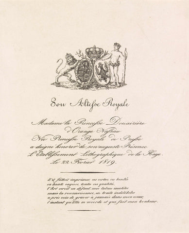 Note of the visit of the princess widow of Oranje Nassau to a lithographic studio in The Hague, 22 February 1819, anonymous, 1819 Canvas Print