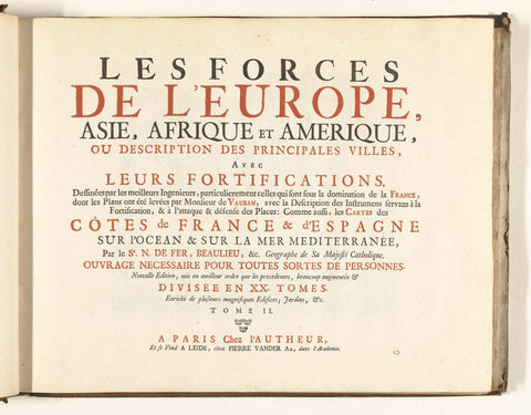 Titelpagina voor het prentwerk: The Forces of Europe, Asia, Africa and America (...) Comme aussi les Cartes des Côtes de France et d'Espagne (deel II), 1726, Pieter van der Aa (I), 1726 Canvas Print