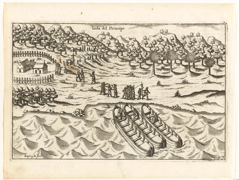 Landing on the island of Principe, 1598, Baptista of Doetechum, 1646 Canvas Print