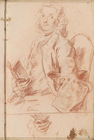 Sitting man with book and a hand with a book, Petrus Johannes van Reysschoot, 1710 - 1772 Canvas Print