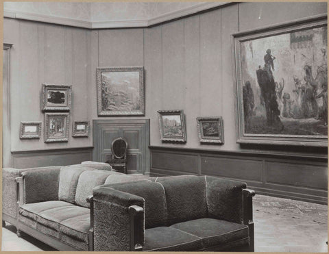 Room with eight paintings, in the middle a representation with fish, c. 1910 - c. 1930 Canvas Print