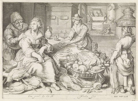 Kitchen piece with parable of the rich man and the poor Lazarus, Jacob Matham, 1678 - 1679 Canvas Print