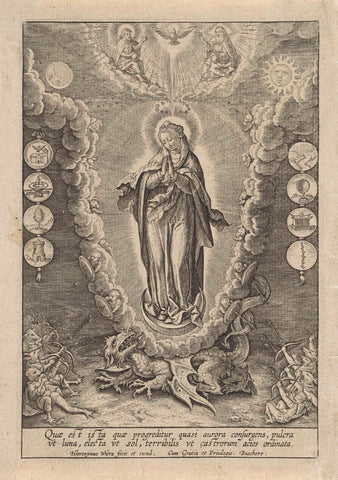 Virgin Mary flanked by symbols from the Lauretan Litany, Hieronymus Wierix, 1563 - before 1619 Canvas Print