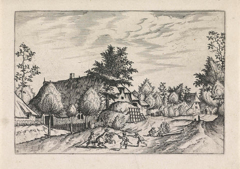 Dorpsstraat met hooiberg voor boerderij, Johannes of Lucas van Doetechum, 1610 - before 1676 Canvas Print