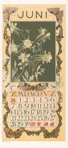 Calendar sheet June with clays and butterflies, Theo van Hoytema, 1902 Canvas Print