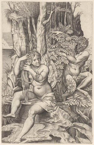 Sater looks at a nymph during her toilet, Marcantonio Raimondi, 1550 - 1650 Canvas Print