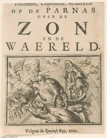 Title page for the pamphlet: Ptolemy, Copernicus, and Merkuur op de Parnas over de Zon en de Waereld, 1701, Romeyn de Hooghe, 1701 Canvas Print