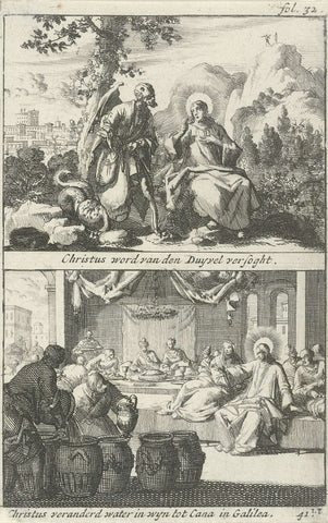 Christus in verzoeking gebracht door de duivel en de bruiloft te Kana, Jan Luyken, 1690 Canvas Print