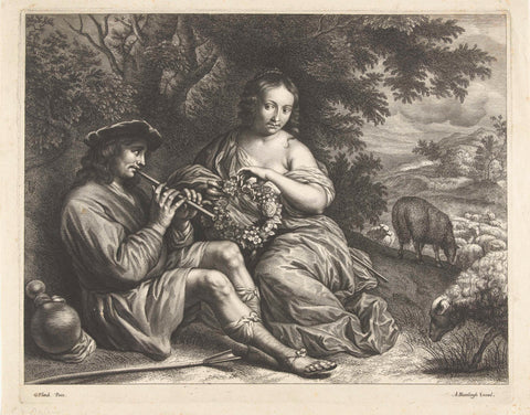 Shepherd couple in love under a tree, Abraham Bloteling, 1655 - 1690 Canvas Print