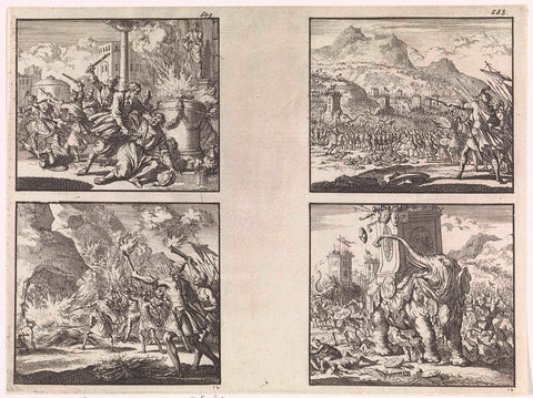 Mattathias stabs a Jew / Warriors of Antiochus Epiphanes go on the Sabbath / Judas Makkabaeus fights the army of Antiochus Eupator / Eleazar kills the armed elephant, Jan Luyken, 1698 Canvas Print