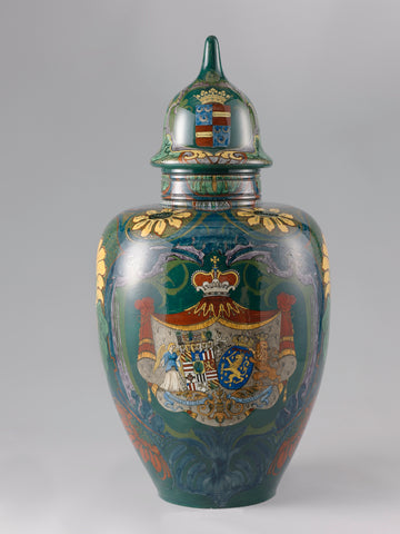 Vase with alliance coat of arms and the interior of the Dutch Reformed Church in Wassenaar, N.V. Haagsche Plateelfabriek Rozenburg, 1896 Canvas Print