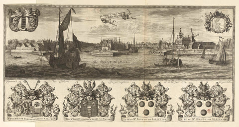 View of Delfshaven and weapons of the mayors of Delft in the year 1703, Coenraet Decker, 1703 Canvas Print