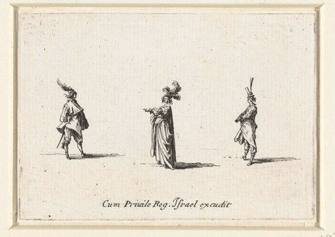 Lady, the left arm outstretched, seen on the left, between two gentlemen, Jacques Callot, 1633 - 1635 Canvas Print