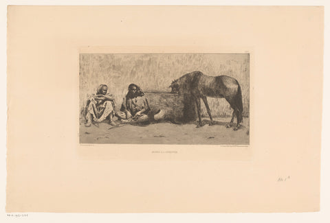 Two sitting men at a trough with horse, Norbert Goeneutte, c. 1874 Canvas Print