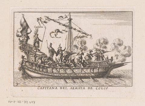 Ship with soldiers with firing guns and the captain at the stern, anonymous, c. 1635 Canvas Print