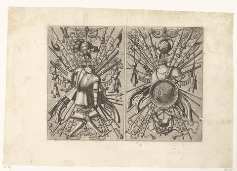 Two vertical trophies with armor, spears and shields, Johannes or Lucas van Doetechum, 1572 Canvas Print