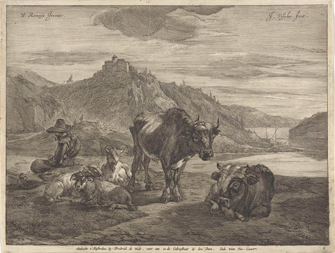 River landscape with resting shepherd and herd, Jan de Visscher, 1643 - 1701 Canvas Print