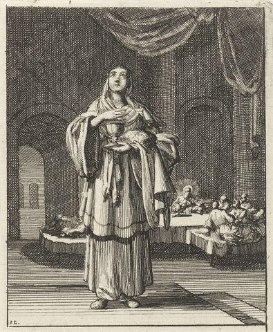 Gesluierde vrouw met brood en een wijnbeker in haar handen, Jan Luyken, 1687 Canvas Print