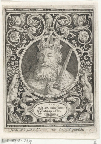 Portrait of Charlemagne in medallion inside rectangular frame with ornaments, Nicolaes de Bruyn, 1594 Canvas Print