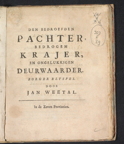 Title page of: Jan Weetal, Den Bedroefden Pachter (...), 1748, anonymous, 1748 Canvas Print