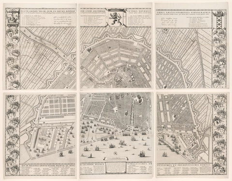 Map of Amsterdam with design and execution of the Fourth Explanation, consisting of six parts, Julius Mülhüssen, 1721 - 1774 Canvas Print